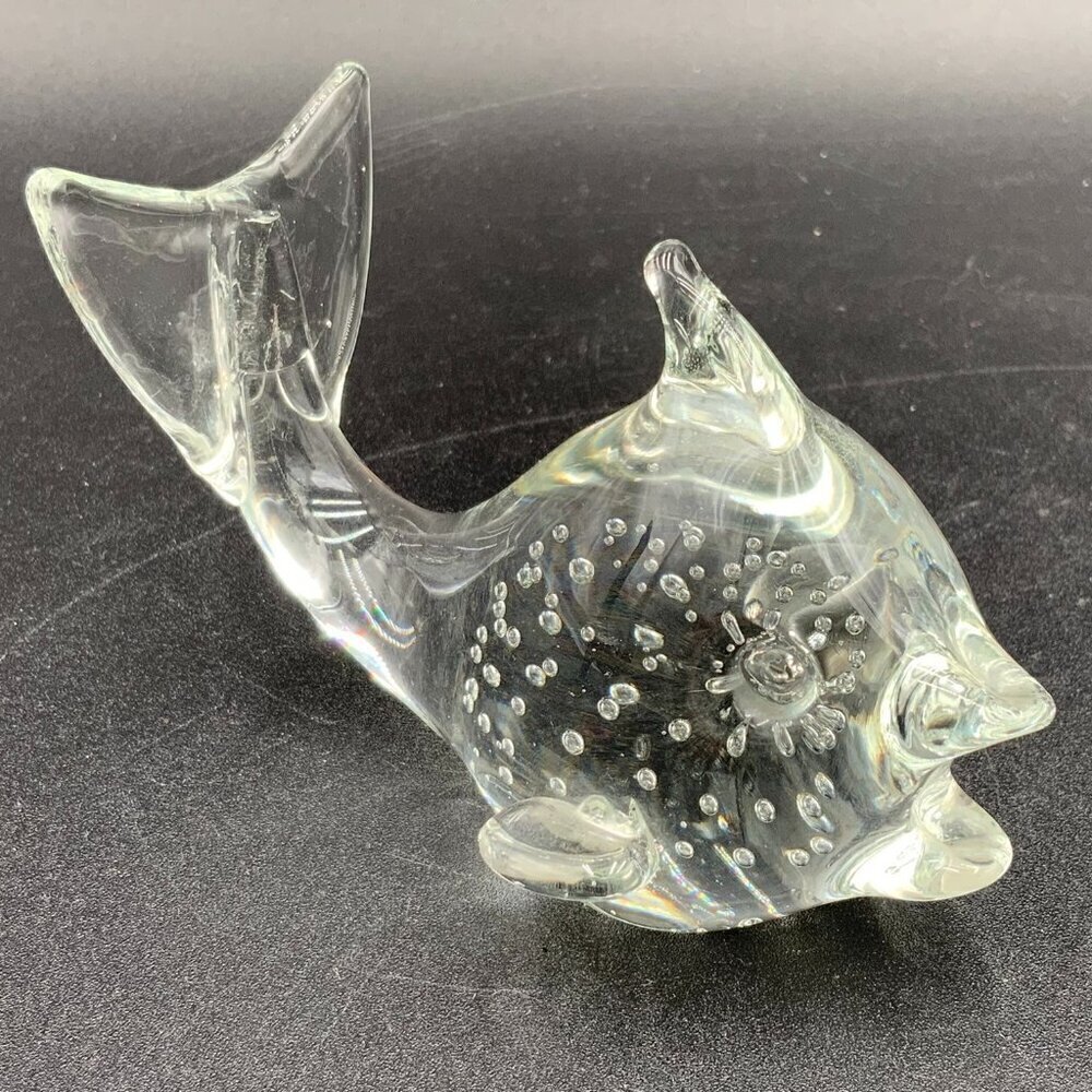 Art Glass Fish Clear Glass with Controlled Bubbles Paperweight